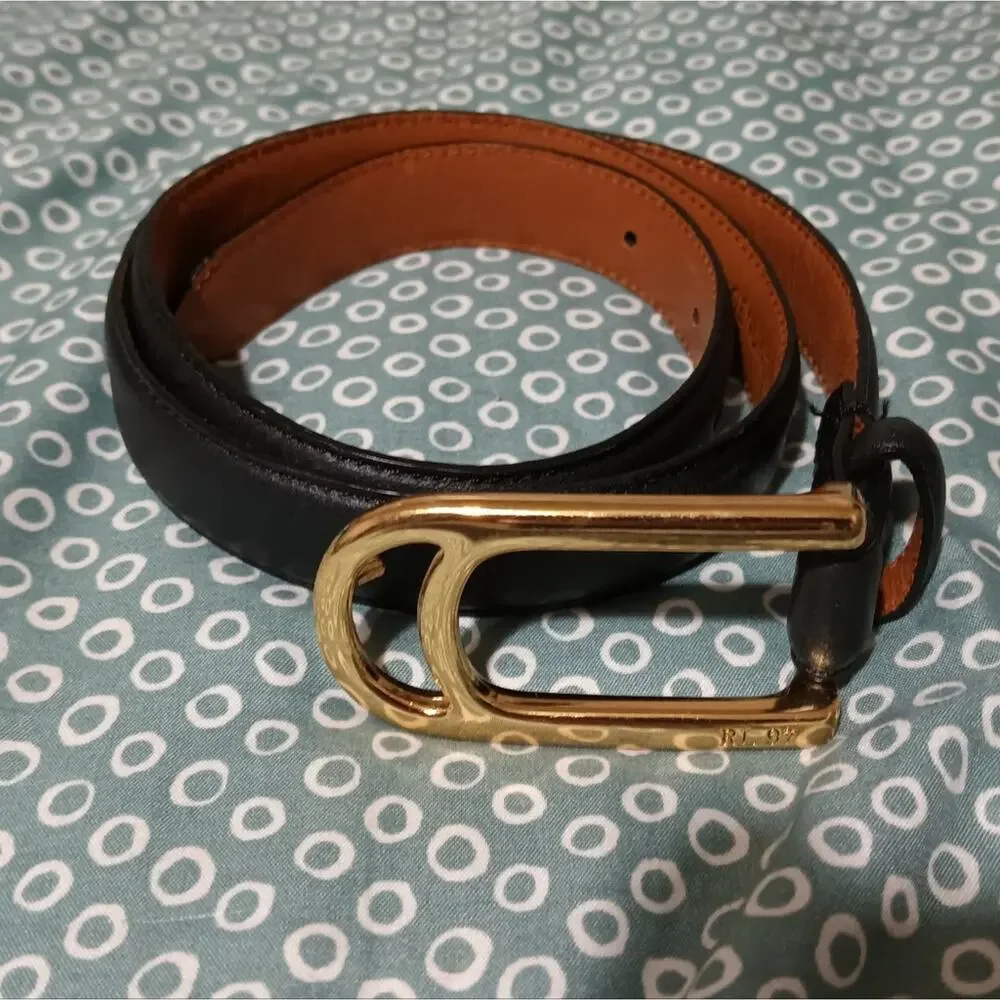 Ralph Lauren collection black leather skinny belt brass buckle small